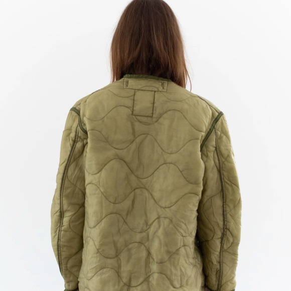 Vintage Olive Green Liner Jacket Unisex Wavy Quilted Nylon Coat (Small-Medium) - Picture 3 of 4